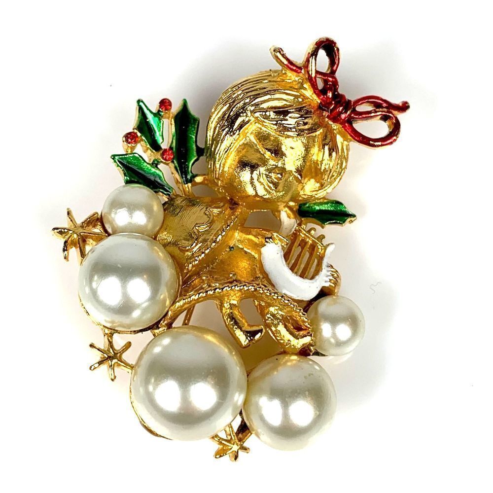 COREL Vintage Gold Christmas Enamel Angel Cherub Gilt Brooch Pin Pearls